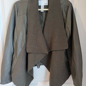 Bar III Women's Olive Green Faux Leather and Knit Open Jacket